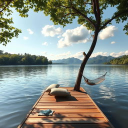 A serene and relaxing landscape featuring a calm lake surrounded by lush green trees, with soft sunlight filtering through the leaves