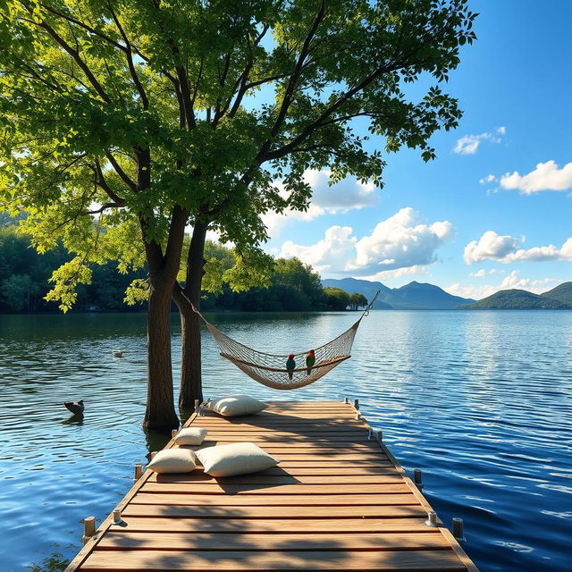 A serene and relaxing landscape featuring a calm lake surrounded by lush green trees, with soft sunlight filtering through the leaves
