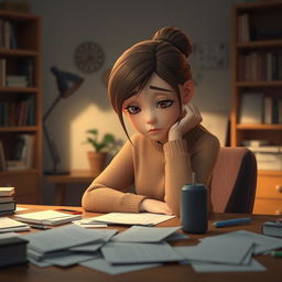 A 3D animation scene featuring a young woman named Emma sitting alone at her desk, looking tired and weary