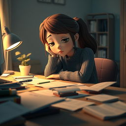 A 3D animation scene featuring a young woman named Emma sitting alone at her desk, looking tired and weary