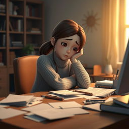 A 3D animation scene featuring a young woman named Emma sitting alone at her desk, looking tired and weary