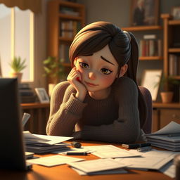 A 3D animation scene featuring a young woman named Emma sitting alone at her desk, looking tired and weary