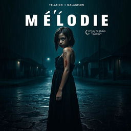 A spine-chilling horror movie poster showcasing an 18-year-old Malagasy girl with nappy hair, standing in profile while looking directly into the camera, positioned in the middle of a dark, rain-drenched street at night