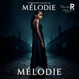 A spine-chilling horror movie poster showcasing an 18-year-old Malagasy girl with nappy hair, standing in profile while looking directly into the camera, positioned in the middle of a dark, rain-drenched street at night