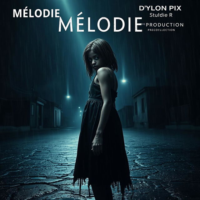 A spine-chilling horror movie poster showcasing an 18-year-old Malagasy girl with nappy hair, standing in profile while looking directly into the camera, positioned in the middle of a dark, rain-drenched street at night