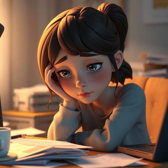 A 3D animation scene featuring a medium shot of a young woman named Emma, who appears tired and contemplative