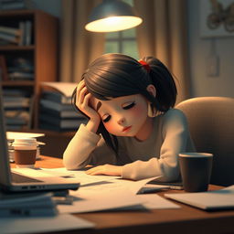 A 3D animation scene featuring a medium shot of a young woman named Emma, who appears tired and contemplative