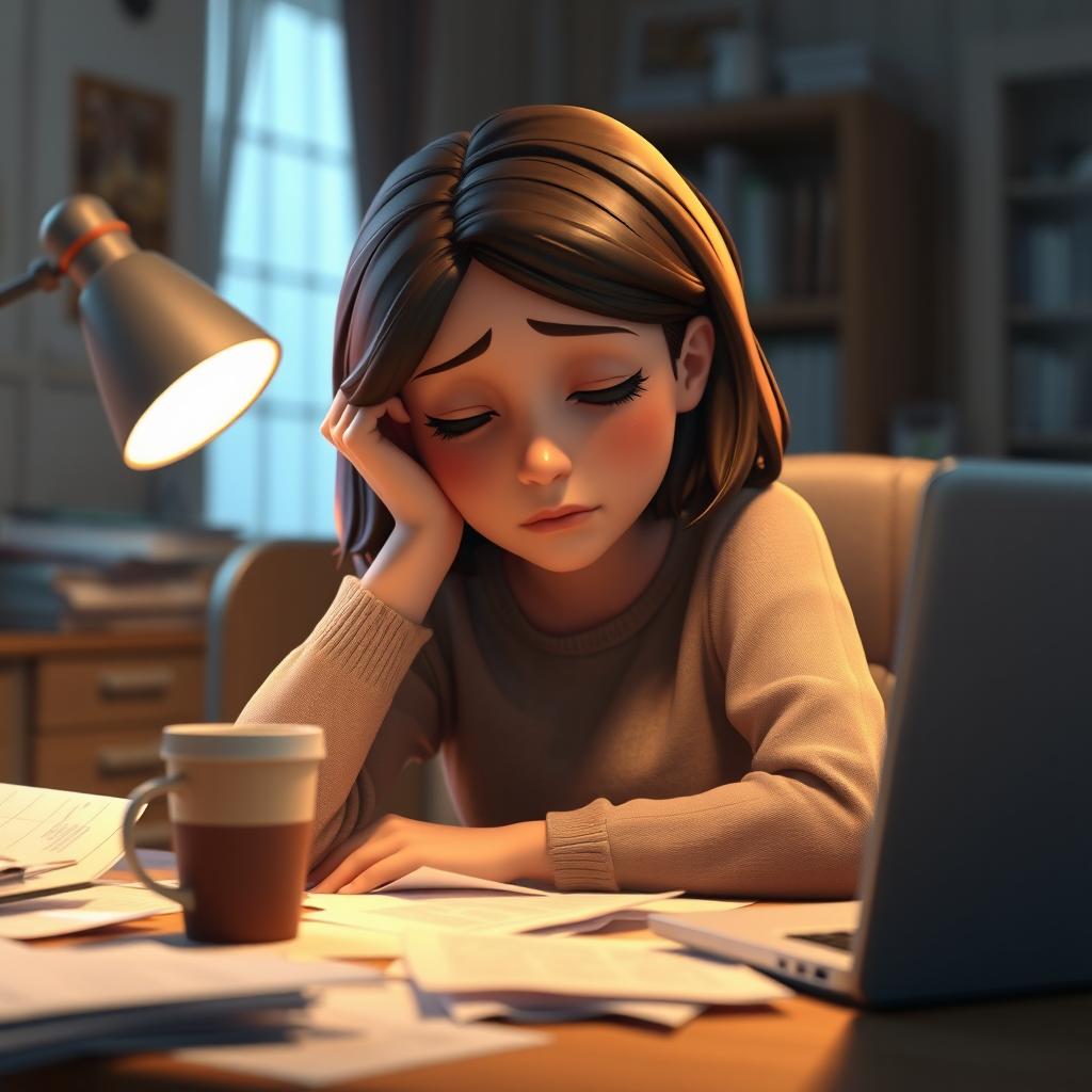 A 3D animation scene featuring a medium shot of a young woman named Emma, who appears tired and contemplative