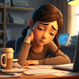 A 3D animation scene featuring a medium shot of a young woman named Emma, who appears tired and contemplative
