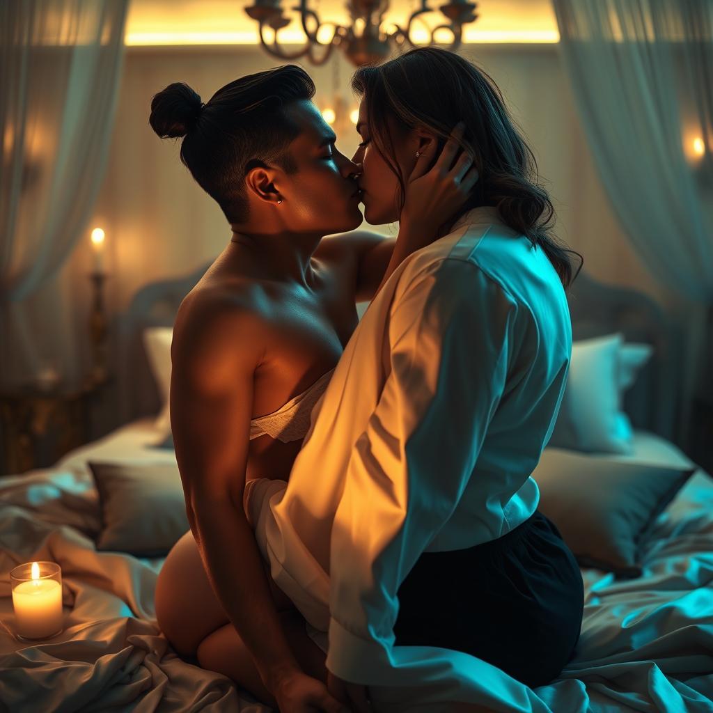 An erotic scene featuring a sensual couple engaged in an intimate embrace, surrounded by soft ambient lighting and rich textures