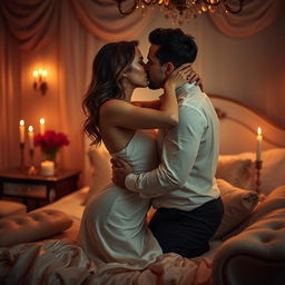 An erotic scene featuring a sensual couple engaged in an intimate embrace, surrounded by soft ambient lighting and rich textures