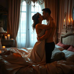 An erotic scene featuring a sensual couple engaged in an intimate embrace, surrounded by soft ambient lighting and rich textures