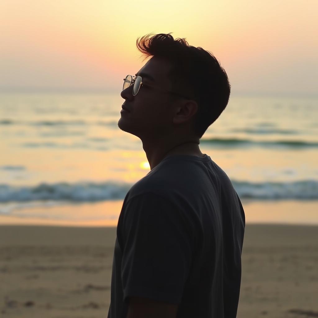 A contemplative man wearing stylish glasses standing on a sandy beach in the early morning light