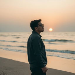A contemplative man wearing stylish glasses standing on a sandy beach in the early morning light