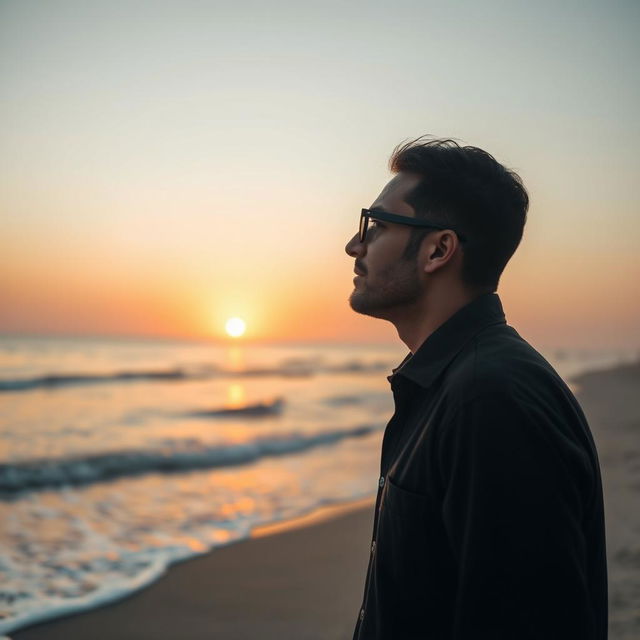 A contemplative man wearing stylish glasses standing on a sandy beach in the early morning light