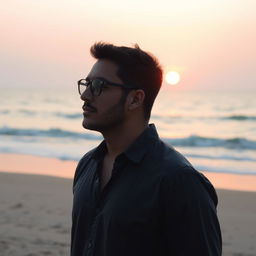 A contemplative man wearing stylish glasses standing on a sandy beach in the early morning light