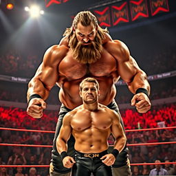 A dramatic wrestling match scene featuring an enormous, muscular wrestler with a beard towering over a much smaller, lean wrestler in the center of a brightly lit wrestling ring