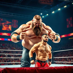 A dramatic wrestling match scene featuring an enormous, muscular wrestler with a beard towering over a much smaller, lean wrestler in the center of a brightly lit wrestling ring