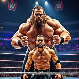 A dramatic wrestling match scene featuring an enormous, muscular wrestler with a beard towering over a much smaller, lean wrestler in the center of a brightly lit wrestling ring