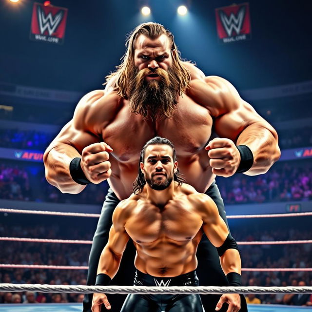 A dramatic wrestling match scene featuring an enormous, muscular wrestler with a beard towering over a much smaller, lean wrestler in the center of a brightly lit wrestling ring