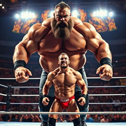 A dramatic wrestling match scene featuring an enormous, muscular wrestler with a beard towering over a much smaller, lean wrestler in the center of a brightly lit wrestling ring