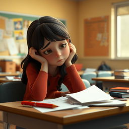 A 3D animation scene depicting a medium shot of a young woman named Emma, who looks tired and introspective