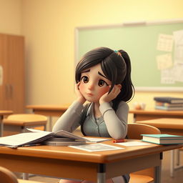 A 3D animation scene depicting a medium shot of a young woman named Emma, who looks tired and introspective
