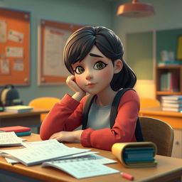 A 3D animation scene depicting a medium shot of a young woman named Emma, who looks tired and introspective
