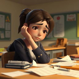 A 3D animation scene depicting a medium shot of a young woman named Emma, who looks tired and introspective