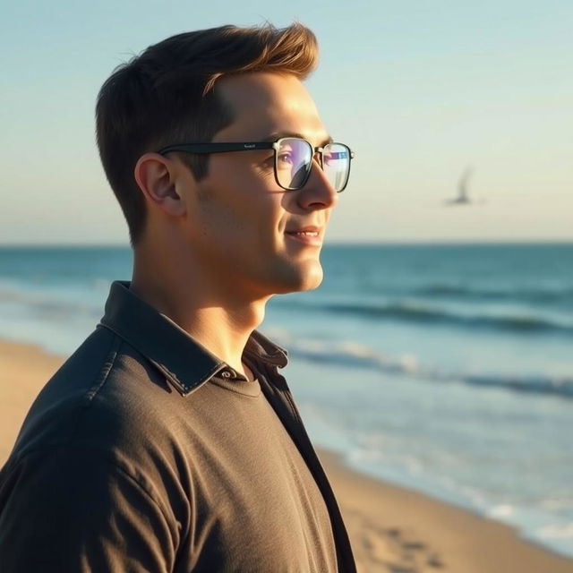 A man with short hair wearing stylish glasses, standing on a serene beach in the morning light