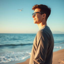 A man with short hair wearing stylish glasses, standing on a serene beach in the morning light