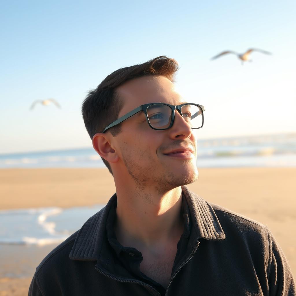 A man with short hair wearing stylish glasses, standing on a serene beach in the morning light