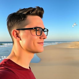 A man with short hair wearing stylish glasses, standing on a serene beach in the morning light