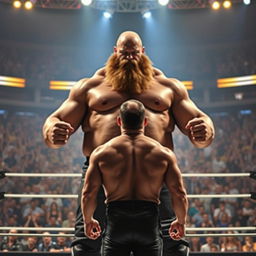A dramatic wrestling match scene featuring an enormous, muscular wrestler with a thick beard, towering over a much smaller, lean wrestler in the center of a brightly lit wrestling ring