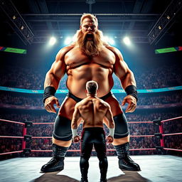 A dramatic wrestling match scene featuring an enormous, muscular wrestler with a thick beard, towering over a much smaller, lean wrestler in the center of a brightly lit wrestling ring