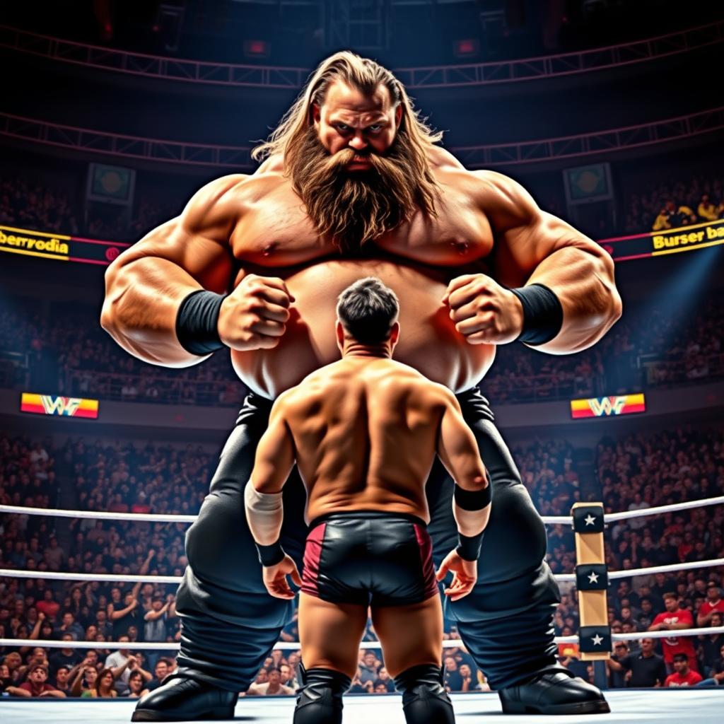 A dramatic wrestling match scene featuring an enormous, muscular wrestler with a thick beard, towering over a much smaller, lean wrestler in the center of a brightly lit wrestling ring