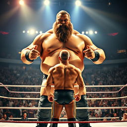 A dramatic wrestling match scene featuring an enormous, muscular wrestler with a thick beard, towering over a much smaller, lean wrestler in the center of a brightly lit wrestling ring