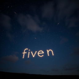 A stunning night sky filled with bright stars, where the stars are arranged creatively to form the word 'fiven'