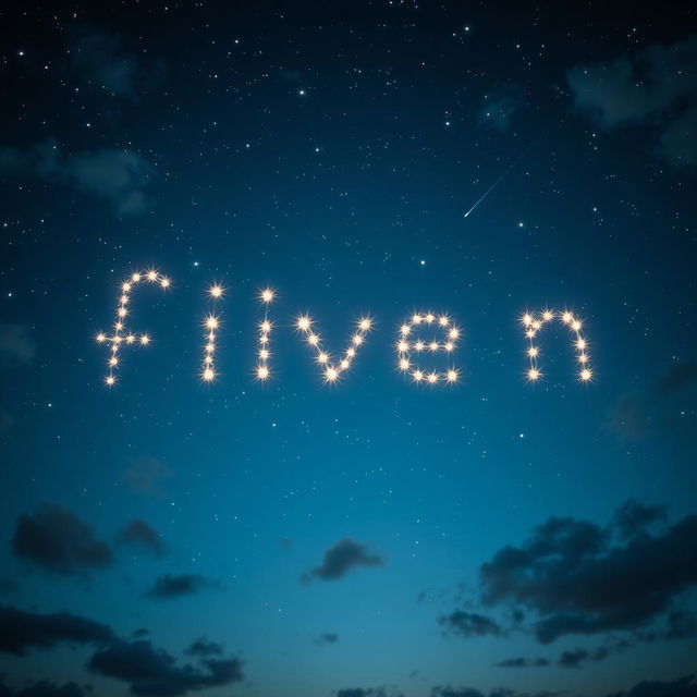 A stunning night sky filled with bright stars, where the stars are arranged creatively to form the word 'fiven'