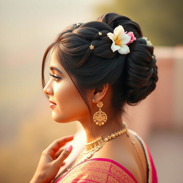 An Indian female model showcasing an elegant bun hairstyle, with intricate braids woven into the bun