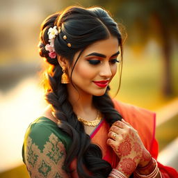 An Indian female model showcasing an elegant bun hairstyle, with intricate braids woven into the bun