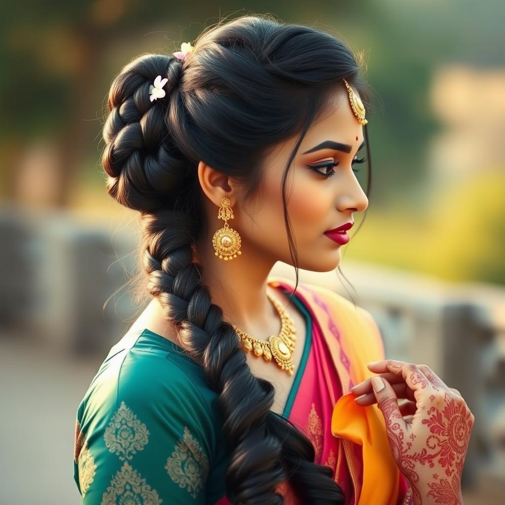 An Indian female model showcasing an elegant bun hairstyle, with intricate braids woven into the bun