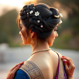 An Indian female model showcasing an elegant bun hairstyle, with intricate braids woven into the bun