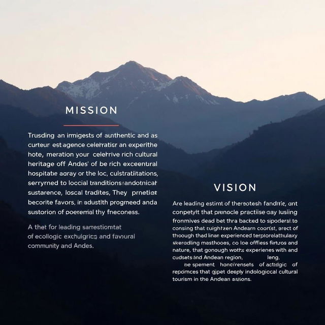 The mission statement of an Andean hotel focuses on providing guests with an authentic and immersive experience that celebrates the rich cultural heritage of the Andes