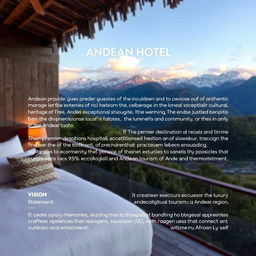 The mission statement of an Andean hotel focuses on providing guests with an authentic and immersive experience that celebrates the rich cultural heritage of the Andes
