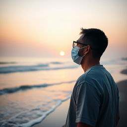 A man with short hair wearing a mask and glasses, standing on a beach in the early morning light