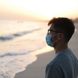 A man with short hair wearing a mask and glasses, standing on a beach in the early morning light
