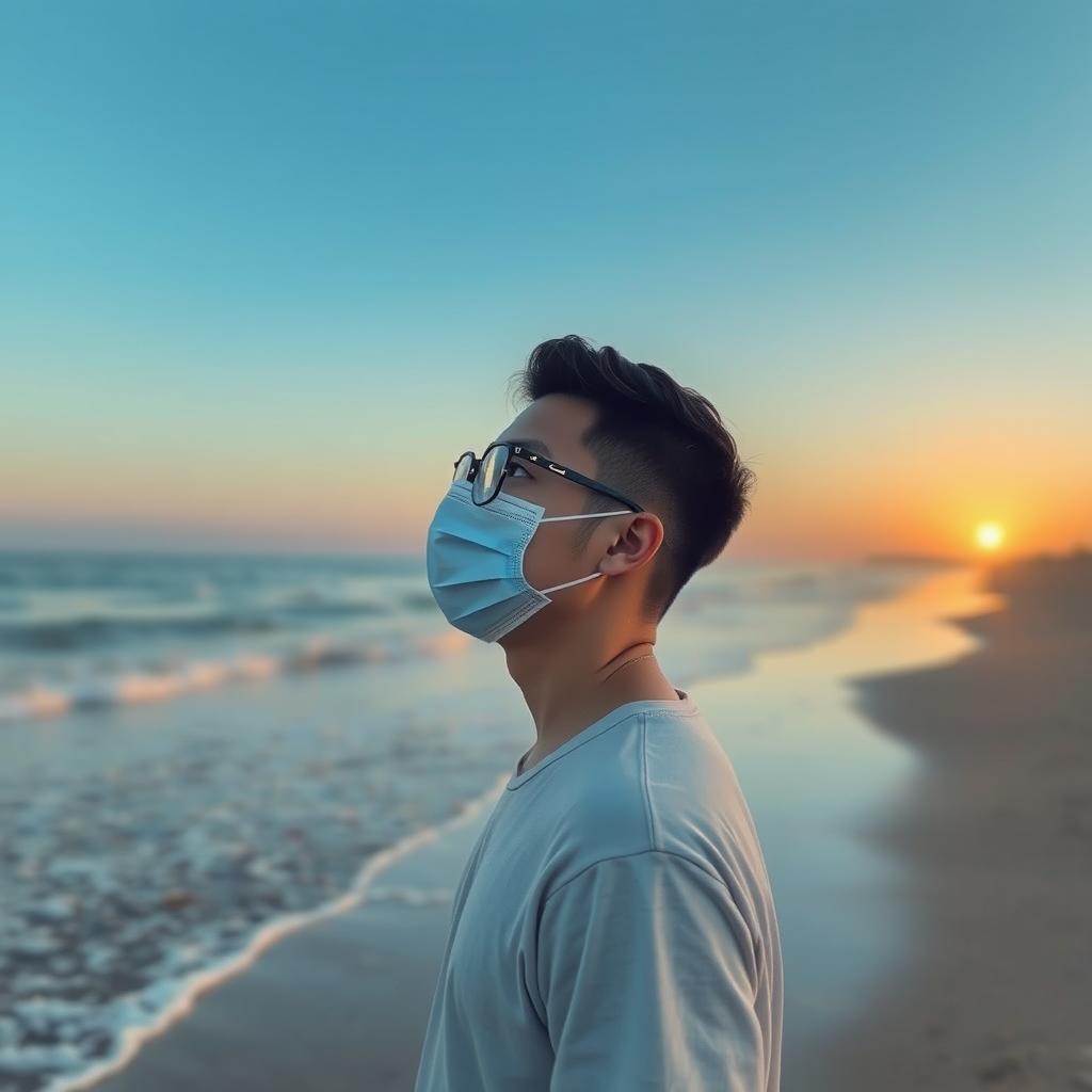 A man with short hair wearing a mask and glasses, standing on a beach in the early morning light