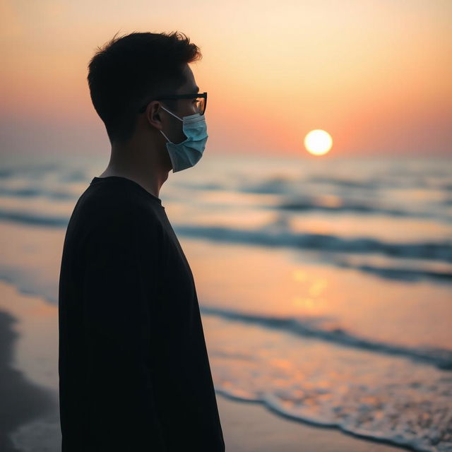 A man with short hair wearing a mask and glasses, standing on a beach in the early morning light