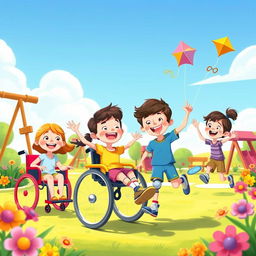 A vibrant and cheerful animated scene featuring happy children with disabilities playing together